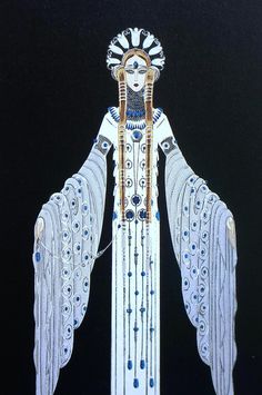 a painting of a woman in white and blue with feathers on her head, wearing an elaborate dress