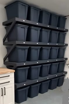 the shelves are filled with black plastic containers