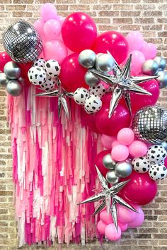 Let's Go Girls Party Disco Cowgirl Balloon Garland, Hot Pink Disco Cowgirl Party, Cow Print Disco Party, 30th Birthday Rodeo Theme, Pink And Cow Print Balloon Arch, Space Cowgirl 1st Birthday Party, Disco Cowgirl Treats, Disco Cowgirl 3rd Birthday