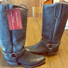 Size 8.5 Dark Grey Brand New Never Worn Western Moto Boots With Leather Sole, Western Moto Boots With Medium Width, Western Moto Boots With Buckle Closure And Round Toe, Western Style Leather High Heel Moto Boots, Western Style Moto Boots With Buckle Closure, Western Moto Boots With Leather Lining And Round Toe, Western Moto Boots With Leather Lining, Leather Almond Toe Boots With Heel Loop, Leather Boots With Heel Loop And Almond Toe