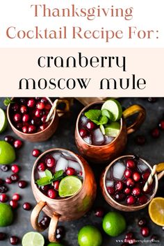 cranberry moscow mule recipe with limes and cranberries in copper mugs