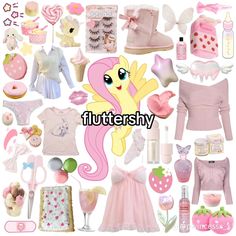 a collage of pink and white items with the words fluttershy