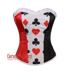 a corset with playing cards on the front and red, black, and white sides