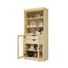 an open cabinet with dishes and plates on it's shelves, against a white background