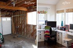 before and after photos of a home office with wood paneling on the walls, and an open garage door