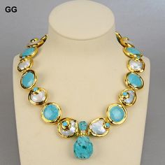 Elegant Turquoise Jewelry With Mother Of Pearl, Elegant Turquoise Mother Of Pearl Jewelry, Blue Turquoise Necklace, Coin Pearls, Chunky Jewelry, Gold Necklace Set, Turquoise Pendant, Blue Turquoise, Turquoise Beads