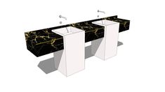 two white pedestal sinks with black and gold marble counter tops in front of each other