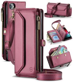 the pink leather wallet case is open and has multiple compartments for cards, keys, and other accessories