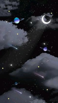 the sky is full of stars and planets as they fly through the clouds in the night