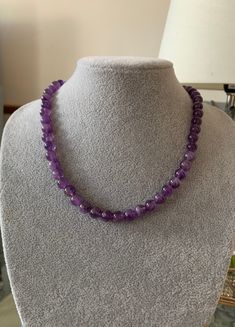 Amethyst Sterling Silver Necklace 18 ''. This is an Amethyst Sterling Silver beaded Necklace. The Amethyst Necklace has round shape beads with a Sterling Silver lobster clasp fastening. I can send this Amethyst Sterling Silver Necklace to you or to someone else anywhere in the world with your message. Dimensions  Necklace length 18 inches  Necklace width 8 mm An ideal gift for Birthday, Wedding bridesmaids gift, Graduation gift, Holiday jewellery, gift ideas , Anniversary gift and Mother's Day gift . I deliver to anywhere in the world. Contact  You can contact me anytime on my shop email with any questions, order and request. Purple Polished Beads Crystal Necklace As Gift, Purple Polished Beads Necklace For Gift, Purple Polished Beads Necklace As Gift, Round Beads Necklaces With Natural Stones For Anniversary, Purple Amethyst Round Bead Necklaces, Purple Amethyst Round Beads Necklace, Purple Single Strand Crystal Necklace Gift, Lavender Amethyst Necklaces With Round Beads, Amethyst Round Beads Lavender Necklace