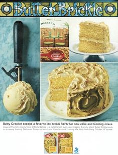 an advertisement for butter brulee's cake with frosting on the top