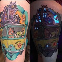 two different pictures of the same person with tattoos on their arms and legs, one has a vw bus in front of them