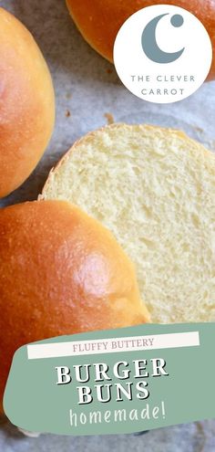 a close up of some buns on a piece of paper with the text fluffy buttery burger buns homemade