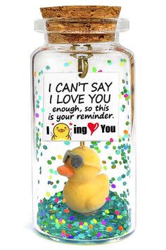 a glass jar with a rubber ducky in it that says i can't say i love you enough, so this is your reminderer