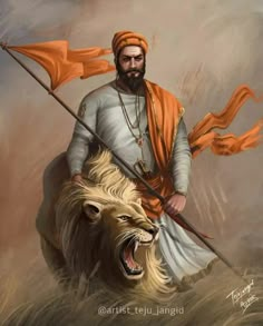 a painting of a man riding on the back of a lion with an orange flag