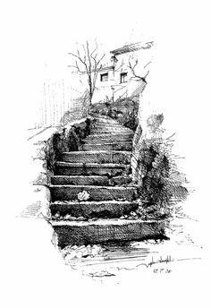 an ink drawing of stairs leading up to a house