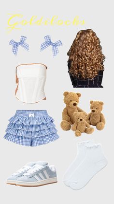 there is a teddy bear and other items in this photo, including shoes, skirt, bra top, socks, and sweater