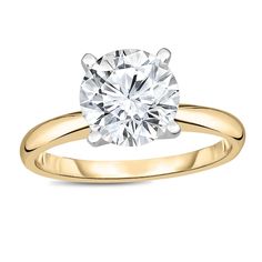 a yellow gold engagement ring with a round diamond in the center, on a white background