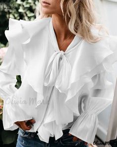 Olivia Mark - Womens Elegant Ruffle Hem Blouse with Tied Detail and Bell Sleeves Ruffle Hem Blouse, Frilly Blouse, Perfect Blouse, Hem Blouse, Ruffled Collar, Work Party, Bell Sleeve Blouse, Casual Work, Collar Blouse