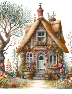 a painting of a house with flowers and trees