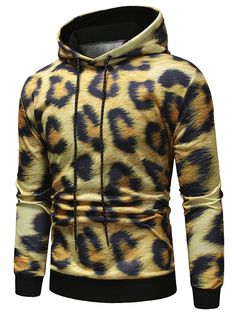 Leopard Print Drawstring Pullover Hoodie - Golden Brown - 4576073812 - Men's Clothing  #MensClothing #Men's #Clothing Hoodie Size Chart, Hoodie Pullover, Mens Clothes, Active Wear Pants, Printed Drawstring, Drawstring Hoodie, Print Pullover, Golden Brown, Coat Fashion