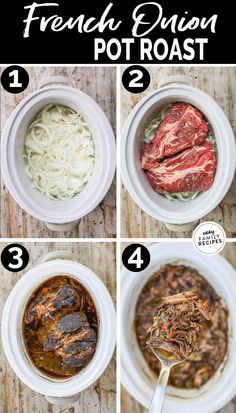 the steps to make french onion pot roast in a white bowl with meat and noodles