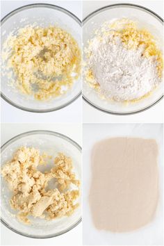 four different stages of mixing together in a bowl with flour, butter, and other ingredients