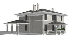 an architectural rendering of a two story house with columns and pillars on the second floor