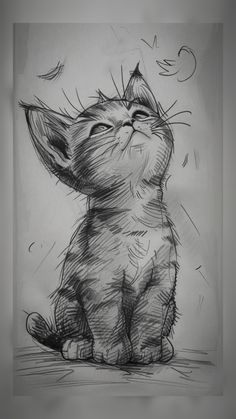 a black and white drawing of a cat sitting on the ground with its eyes closed