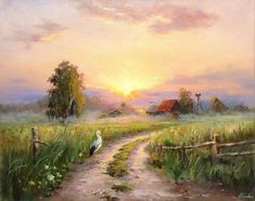 a painting of a sunset over a farm with a bird walking on the dirt road