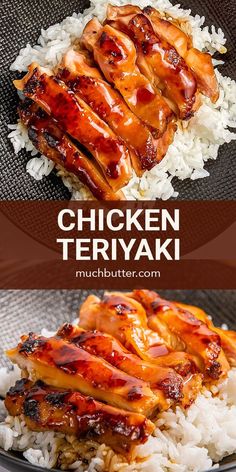 chicken teriyaki on top of white rice in a pan with the words chicken teriyaki above it