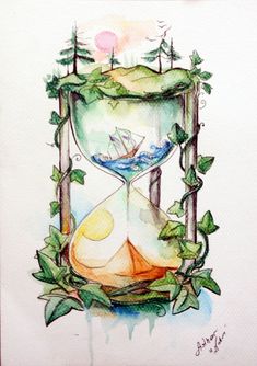 a drawing of an hourglass with a boat in the water and trees around it