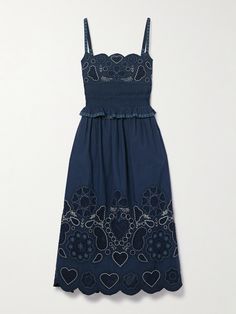 Sea's 'Jeanetta' dress is detailed with an array of mesh hearts, flowers and paisley swirls all outlined with intricate embroidery. Cut from cotton-voile, it has a slim pintucked bodice with a ruffled waist. Scalloped trims add to its sweetness, while the adjustable straps ensure the perfect fit. Dress Flats, Flat Dress Shoes, Floral Dresses Short, Swimsuit Dress, Cotton Voile, Blue Midi Dress, Sundress, Denim Fashion, Women Collection