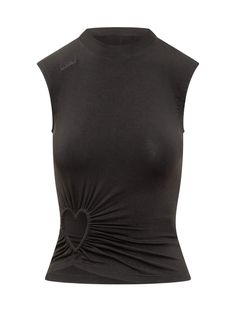 a women's black top with a heart on the front and an asymmetrical knot at the back