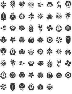 various flowers and leaves are shown in black on a white background, including one flower