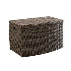 an outdoor wicker storage box with lid in brown and black color, on white background