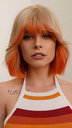 Orange Ends Hair, Blonde Hair With Orange Tips, Orange Creamsicle Hair, Bright Hair Colors Short, Blonde And Orange Hair, Orange And White Hair, Orange And Blonde Hair, Fun Haircolor, Bright Orange Hair