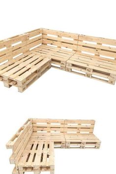 two different views of a wooden bench made out of wood pallets, one with four seats and the other without