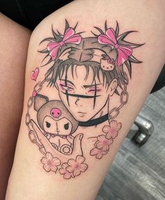 a woman's thigh with an anime character tattoo on her left leg and pink bows around her head