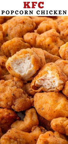 chicken nuggets are piled on top of each other with the words kfc popcorn chicken written above them