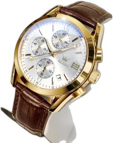 Brown Automatic Chronograph Watch For Business, Gold Chronograph Watch With Leather Strap, Gold Leather Watch With Tachymeter, Gold Leather Watch Accessories With Tachymeter, Gold Leather Chronograph Watch With Tachymeter, Gold Chronograph Watch With Leather Strap And Tachymeter, Large Face, Business Dress, Face Men