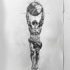 a black and white drawing of a man holding the world on his back with one hand