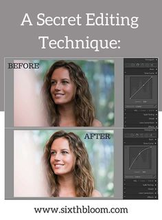 the before and after photoshopped image of a woman's face with long hair