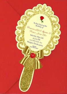 a red and gold wedding card with a rose on it