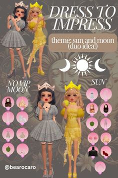 the dress up doll is shown in three different colors and sizes, including sun and moon