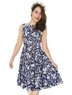 Blue Rose Dress Vintage Dress Blue Floral Dress Rose Dress White Rose Rockabilly Dress PinUp Dress 5 Retro Party Dress, Blue Rose Dress, 1950s Dresses Vintage, Vintage Dress Blue, Tops Winter, Floral Bridesmaid Dresses, Rockabilly Outfits, Floral Bridesmaid, Marine Uniform