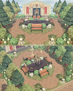 two different views of a park with benches and trees