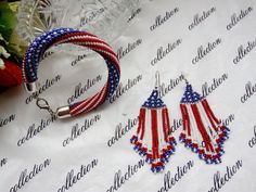 Jewelry set is made of Czech beads. The set includes bracelet and earrings made with the design of the American flag. Crochet bracelet + earrings red white and blue flag of America. USA July 4 Independence Day Handmade Set Dimensions: The length of the bracelet is 19 cm, the thickness is 1 cm length of earring 6 cm, width 2 cm If you have any questions contact me. Thank you for your interest in my work. Thank you for watching. Handmade Jewelry With Round Beads For Independence Day, Blue Jewelry For Independence Day Gift, Handmade Round Beads Jewelry For Independence Day, Handmade Blue Jewelry For Independence Day, Multicolor Round Beads Jewelry For Independence Day, White Beaded Jewelry For Independence Day, Handmade Red Jewelry For Independence Day, Red Handmade Jewelry For Independence Day, Adjustable Red Beaded Bracelet For Independence Day