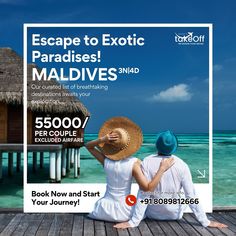 a man and woman sitting on top of a wooden pier next to the ocean with text escape to exotic paradises maldives snap