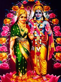 two deities standing next to each other in front of flowers